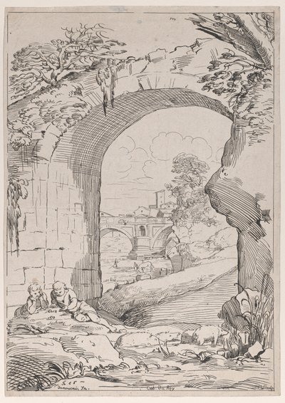 Landskab med bro, 1700-tallet. af Anne Claude Philippe de Caylus