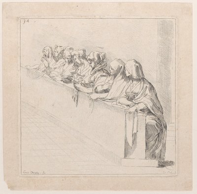 Syv kvinder siddende bag en lav mur, 1700-tallet. af Anne Claude Philippe de Caylus