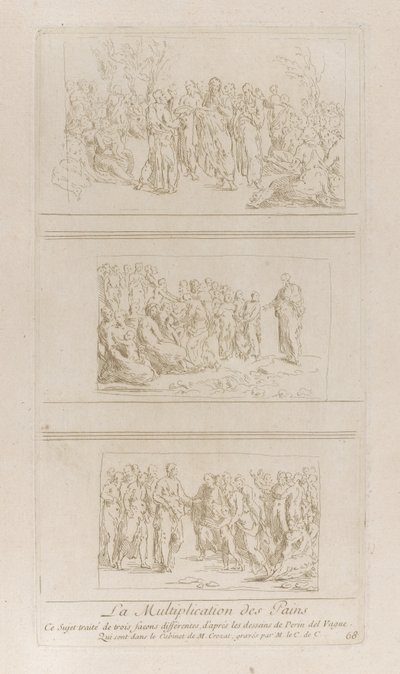 Tre separate studier for brødenes mirakler, der viser Kristus stående i d..., ca. 1729-40. af Anne Claude Philippe de Caylus
