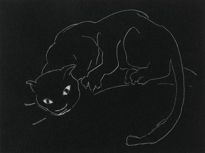 Night Series: The Cat (litho, hvid streg på vævet papir) af Anne Goldthwaite