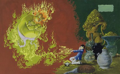 Aladdin, illustration fra Deans Gold Medal Book of Fairy, Tales Number 2 pub. af Dean & Sons Ltd., 1965 (gouache på tonet papir) af Anne Grahame Johnstone