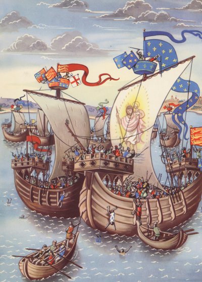 Slaget ved Sluys (farvelitografi) af Anne & Johnstone Janet (1928-79) Johnstone