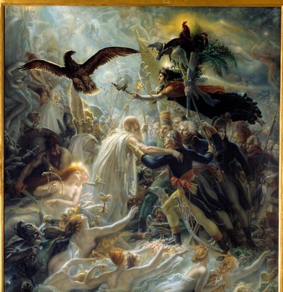 Apotheosis af de franske helte, der døde for hjemlandet under Liberte-krigen, hyldest til Napoleon Bonaparte Allegorie, der repræsenterer barden Ossian, skotske digter fra det 3. århundrede læst af Napoleon, som bød velkommen til Louis Charles Antoine Desa af Anne Louis Girodet de Roucy Trioson