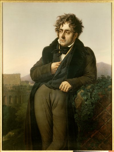 Portræt af Francois Rene, Viscount of Chateaubriand (1768-1848), der mediterer på Roms ruiner foran udsigten over Colisee af Anne-Louis Girodet de Roucy-Trioson