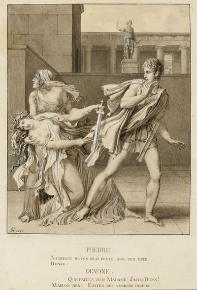 Phaedre, efter at have erklæret sin lidenskab, forsøger at dræbe sig selv med Hippolytus sværd af Anne Louis Girodet de Roussy Trioson