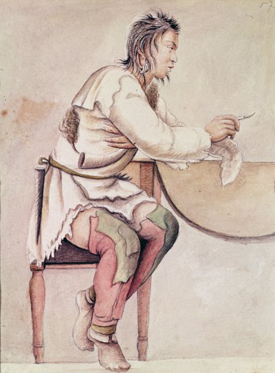 Portræt af en indianer (rød jakke) (akvarel på papir) af Anne Marguerite Hyde de Neuville