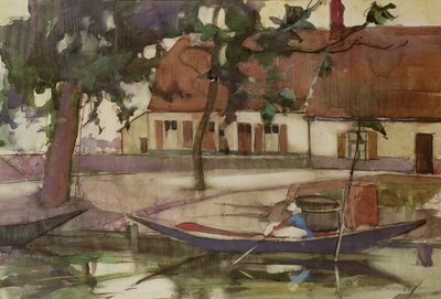 Båd på en kanal, fransk landsby af Anne Redpath