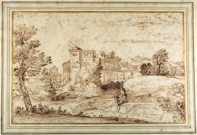 Landskab med et slot og ruinerne af en klassisk søjlegang (pen og brun blæk på papir) af Annibale (follower of) Carracci
