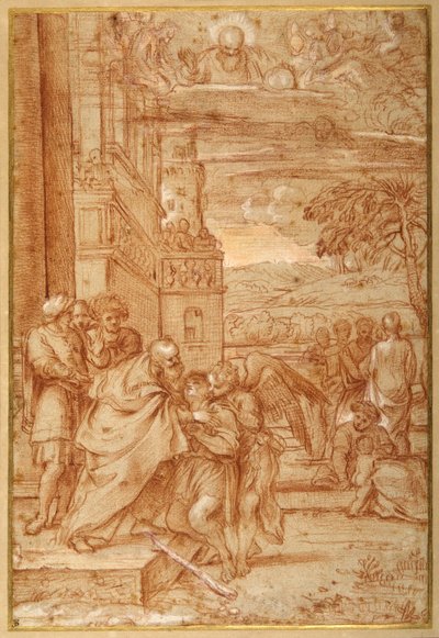 Den fortabte søns tilbagevenden efter Annibale Carracci (rødt kridt og forhøjning på papir) af Annibale (follower of) Carracci