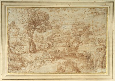 Landskab med resten på flugten fra Egypten, efter Annibale Carracci (pen og brunt blæk på papir) af Annibale (studio of) Carracci