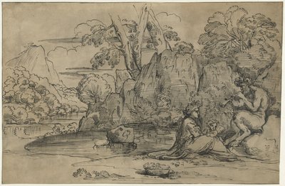 Landskab med en fløjte saat, kone og putto af Annibale Carracci (attributed to)