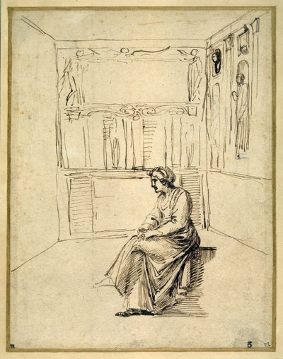En kvinde siddende i et værelse (pen og brunt blæk på papir) af Annibale Carracci