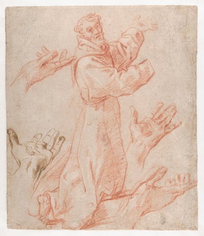 Carracci - Studier til en figur af den hellige Frans knælende i trekvartformat og til hans hænder (recto), 1583-85 af Annibale Carracci