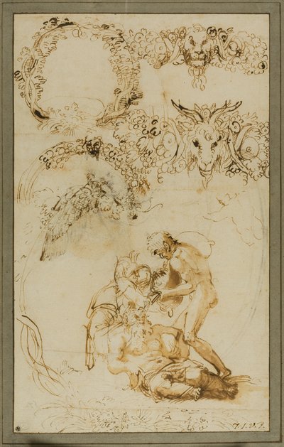Den berusede Silenus og dekorative skitser: Studier til Tazza Farnese (recto); To putti kæmper: Studie til Galleria Farnese (bagside) af Annibale Carracci