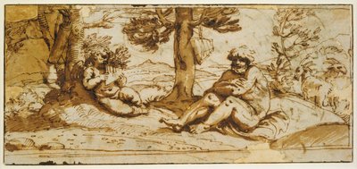 Flötenspielender Amor und Silenus in einer arkadischen Landschaft af Annibale Carracci