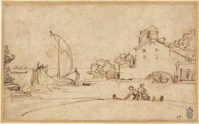 Landskab med figurer ved en flodmunding med sejlbåde af Annibale Carracci