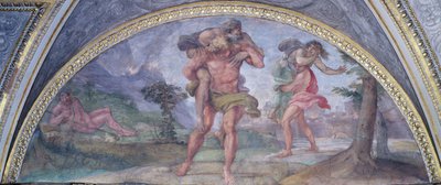 Lunette skildrer Aeneas, der flygter fra det brændende Troja, der bærer sin far Anchises efterfulgt af Ascanius, der bærer sin mor, fra Camerino, 1596 af Annibale Carracci