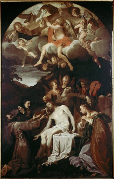 Pieta med St Claire, St Francis, St Mary Magdalene og St John (olie på lærred af Annibale Carracci