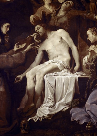Pieta med St Claire, St Francis, St Mary Magdalene og St John, detalje af Jesus (olie på lærred af Annibale Carracci