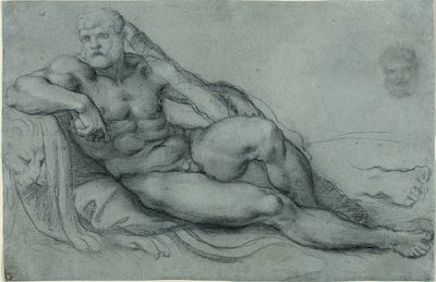 Studie af Hercules, der hviler, med separate studier af hans hoved og fod (recto); Rektangulært gitterdesign (verso) af Annibale Carracci