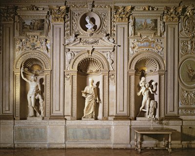 Galleria Carracci, detalje af den forgyldte stuk vægdekoration med nicher indeholdende marmorskulptur, 1597-1604 foto af Annibale Carracci