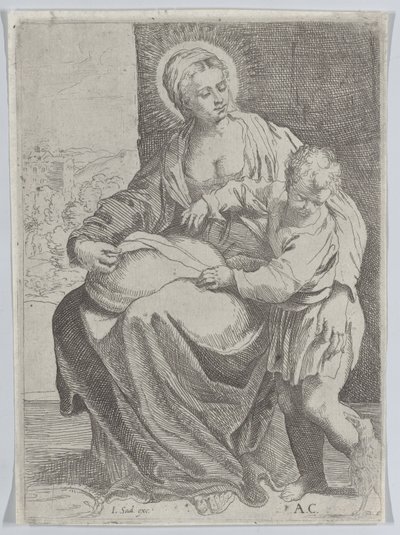 Jomfruen sad med en pude på skødet med den unge Kristus stående til højre..., 1580-1600. af Annibale Carracci