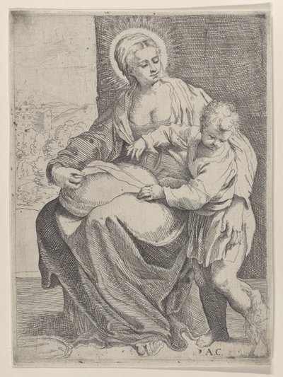 Jomfruen sad med en pude på skødet med den unge Kristus stående til højre..., 1580-1600. af Annibale Carracci