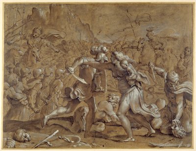 Kampen mellem romerne og sabinerne (pen og blæk med vask og gouache på papir) af Annibale Carracci