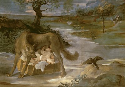 Hun-ulven, der dier Romulus og Remus, fra historien om Romulus cyklus, ca. 1590 af Annibale Copy Carracci