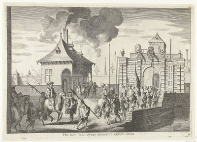 Aankomst bij de Brugse portt van Gent; intocht van Ferdinand te Gent i 1635 (nr. 4) Her er den, du ofte hører lovet (titel på objekt) Porten til Brugens, hvor Ser. Kardinalen kom ind i byen af Anonymous