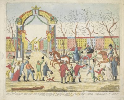 Prinsen af ​​Oranges ankomst til Haag, 1813 Hans Kongelige Højhed Willems ankomst den 1 souveryn der Nederlanden benne S: Hage den 30. november 1813 (titel på objektet) af Anonymous