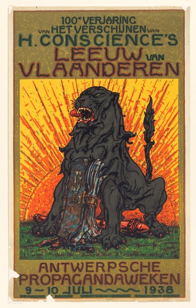 Plakat i anledning af 100-året for udgivelsen af ​​De Leeuw van Vlaanderen af ​​Henri Conscience 100-året for udgivelsen af ​​H. Samvittigheds Løve af Flandern (titel på objekt) af Anonymous