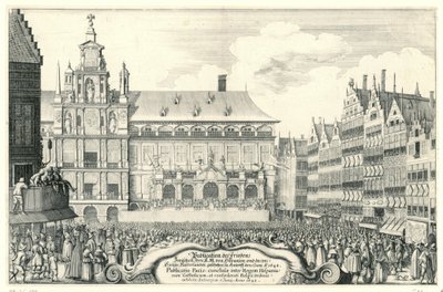 Afkondiging van de Vrede van Munster te Antwerpen, 1648 Udgivelse af Peace Between Your K.M. af Hispania og de[r] forenede Holland. udført i Antorff, 5. juni, A.O. 1648 (titel på objekt) Publicatio Pacis, conclusae inter Regem His af Anonymous
