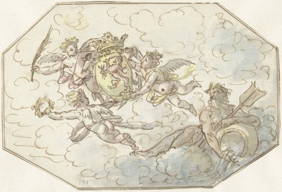 Allegori med putti med våben og flodgud af Anonymous