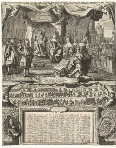 Allegori om freden med England i 1674 og almanakken for året 1675 Vereenichde Nederlantsche danckbaerheyt, aen Carolus II. Coninck van Hisp. osv. om deres fredsslutning med Karl II. Coninck af Storbritannien og restaureringen af Anonymous