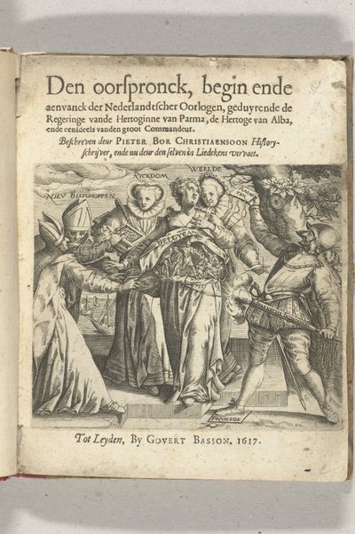 Allegorisk titelblad i: Pieter Christiaansz Bor, Den Oorspronck, De hollandske kriges begyndelse og afgang, 1617 af Anonymous