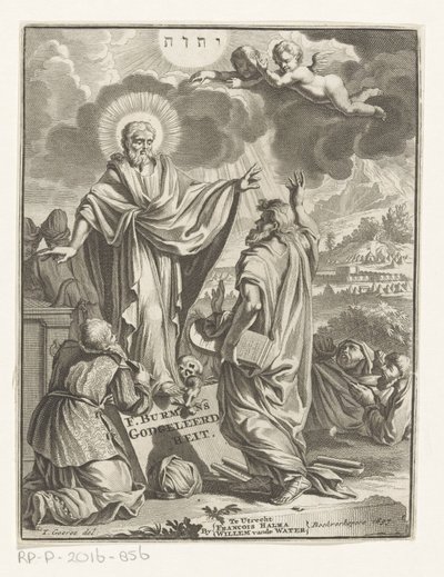 Allegorisk fremstilling med Kristus, Moses og knælende skikkelse Titelside for: Frans Burman, Teologi, 1697 af Anonymous