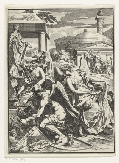 Allegorisk fremstilling med Historie, Fader Tid med en gryde med mønter Titelblad for: Carl Patin, Imperatorum romanorum numismata, s.a. af Anonymous