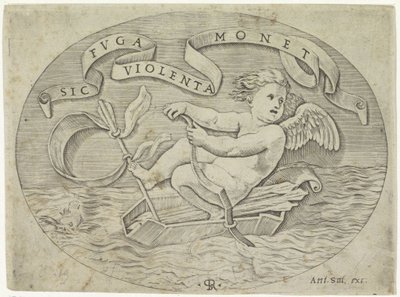 Amor undslipper ad søvejen Sic ruga violenta monet (titel på objekt) af Anonymous