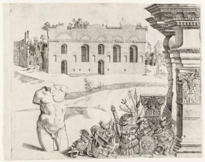 Arkitektur capriccio med spolia, en mandlig torso og udsigt over Diocletians bade af Anonymous