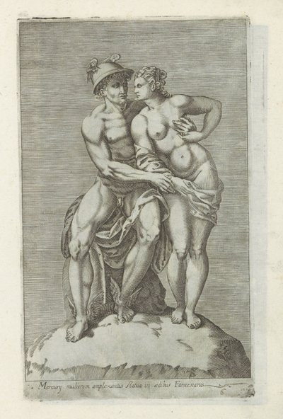 Billedgruppe met Mercurius en en godin Statue af Merkur, der omfavner en kvinde i det farnesiske palads (titel på objekt) Antikke skulpturer i Rom (serietitel) Ikoner af de gamle statuer af byen Rom, som ses på offentlige steder (serietitel) af Anonymous