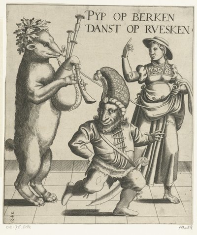 Bjørn med sækkepiber Pyp på birkes / Danser på ruesken (titel på objekt) af Anonymous