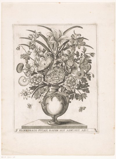 Bloemen in vaas met halffiguren BILLEDET AF BLOMSTER, DER BLINKER, MINDER OS HURTIG OM ALDER (titel på objekt) af Anonymous