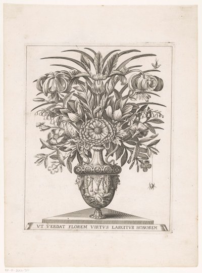 Bloemen in vaas met leeuwenkoppen (titel på objekt) af Anonymous