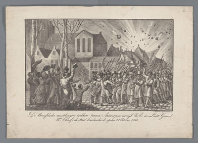 Bruxelles-mytteristerne flytter ind i Antwerpen, mens Z.E. de Luit Generall. mia. Chassé bombede byen den 28. oktober 1830 (titel på objekt) af Anonymous