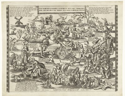 Rogstekerne af Weert, ca. 1650 Ghy borgere og landmænd aenschout her med glæde over, hvordan de helte fra Waert kæmper mod en død roch (titel på objekt) af Anonymous