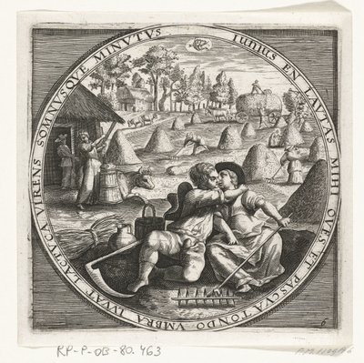 Den måned juni, hooimaken, ca. 1600 De tolv måneder af et år billede i scener fra folkelivet (serietitel) Skemaer for de 12 måneder med deres operationer og deres anvendelse på stjernetegnene, opdelt i fire dele af året (serietitel på objekt) af Anonymous
