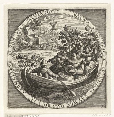 Maj måned, musikskabende selskab i båd, ca. 1600 Årets 12 måneder afbildet i scener fra folkelivet (serietitel) Skema XII Mensium sius operationibus, & ad signa zodiaci applicatione, in quatuor anni partes divisa (series af Anonymous