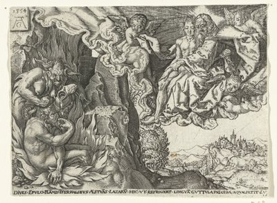Den rige mand i helvede ser Abraham med Lazarus Lignelse om Lazarus og den rige mand (serietitel) af Anonymous