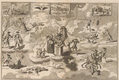 Den besejrede actionist i ringestolen, 1720 Den besejrede aktionist i stolen med Rinkels, overtalt af den Lauwerd-trojanske hest (titel på objekt) The Great Scene of Folly (serietitel) af Anonymous